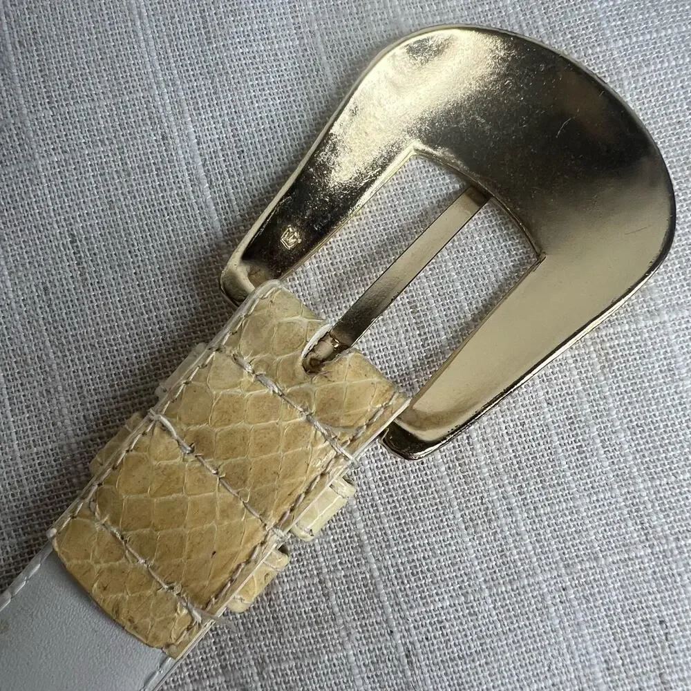 Vintage 80s Beige Snakeskin Leather Belt Size Medium Gold Buckle Classic